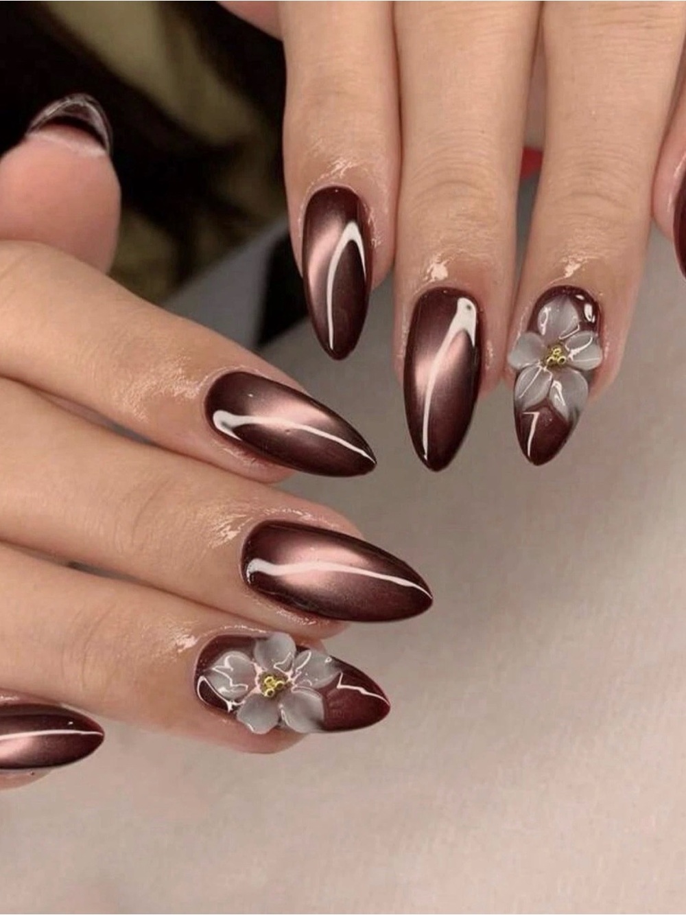 Metallic Brown Press-On Nails with 3D White Flower Accent